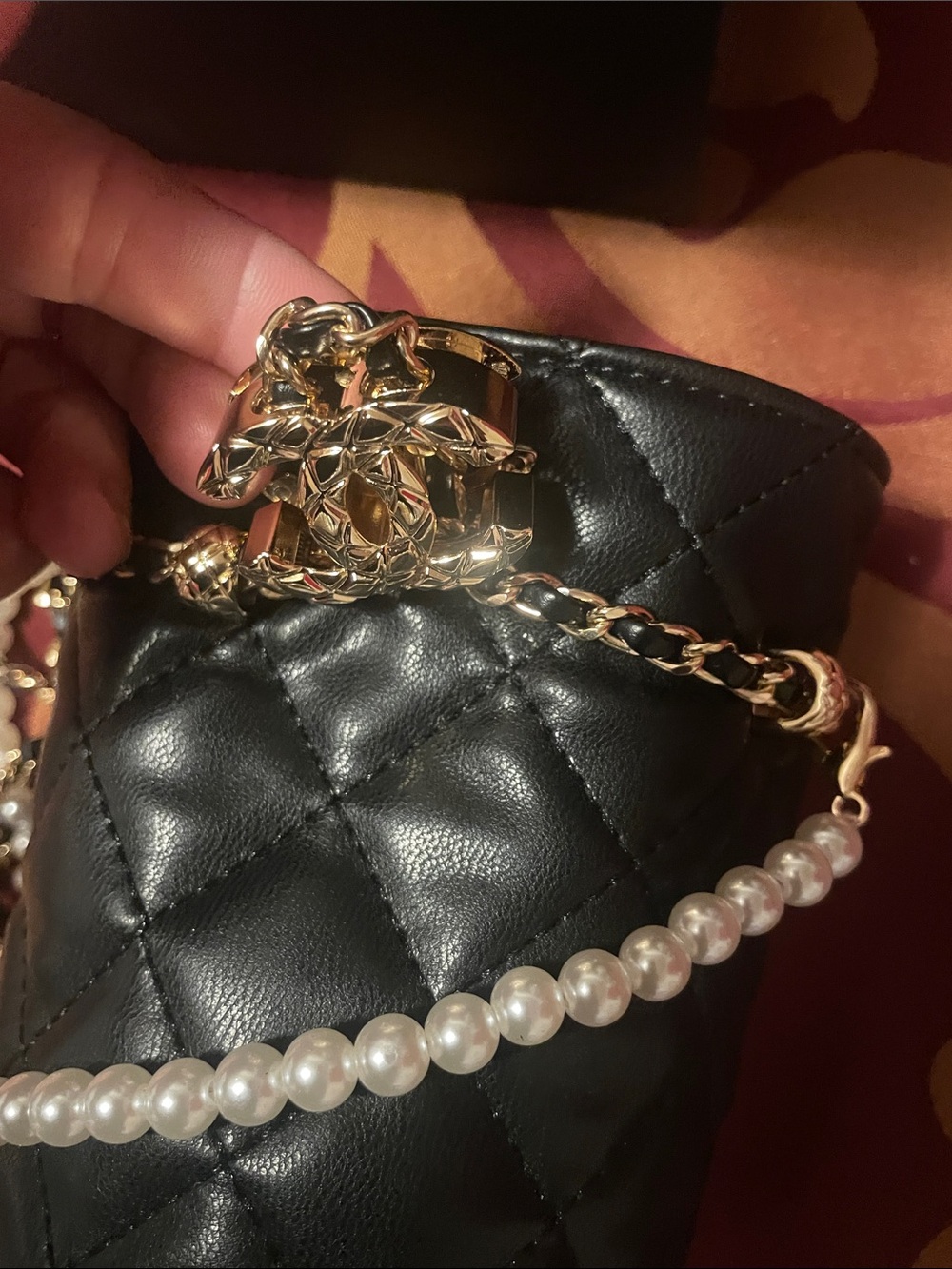 GWP Black Quilted Lambskin Mini Bucket with Gold Chain and Pearl Strap - Picture 9 of 17